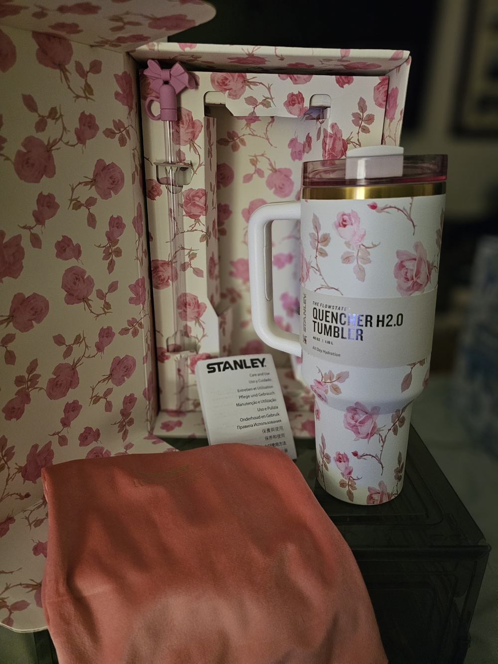 Stanley Floral Pink and White Quencher H2.0 Travel Tumbler with Handle